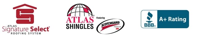 Atlas Signature Select, Atlas Shingles with Scotchgard, and BBB A+ Rating badges